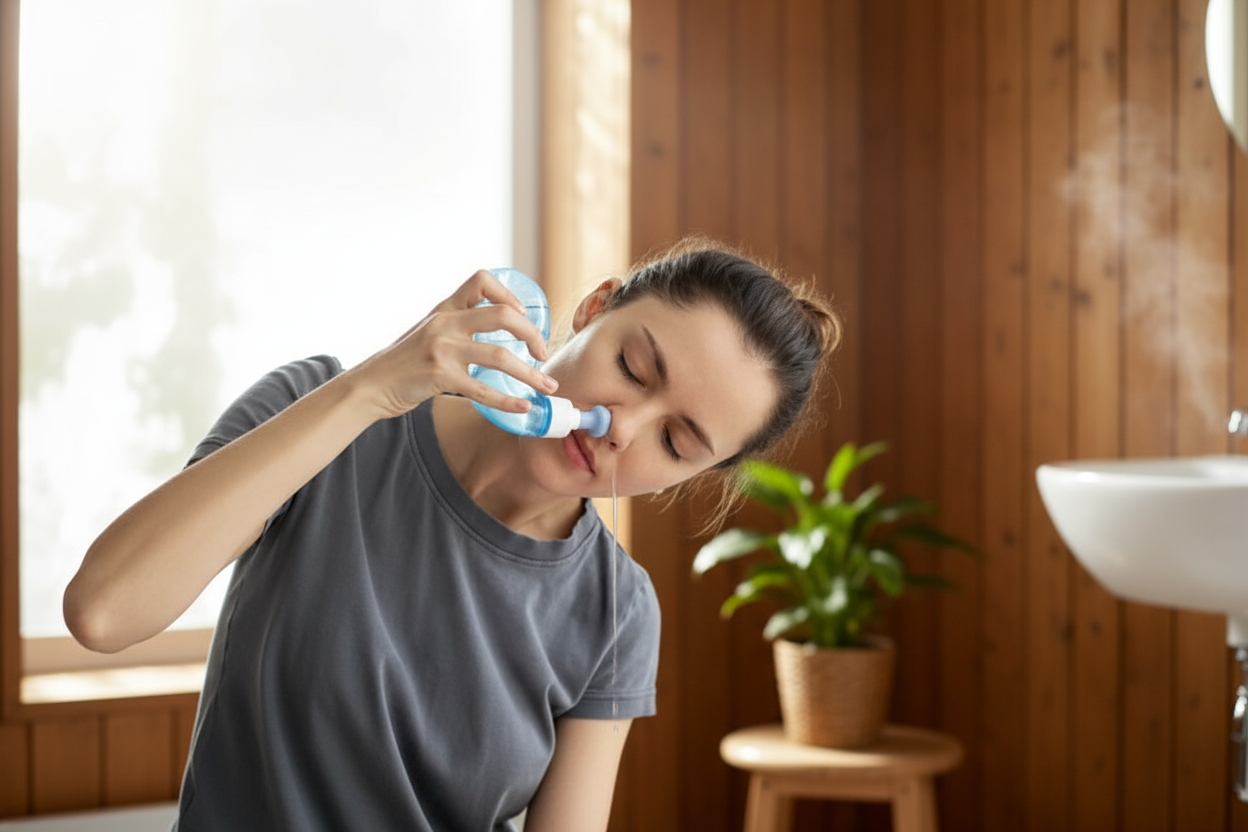 Person using neti pot for sinus relief